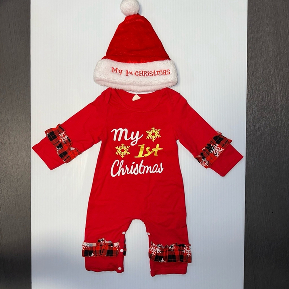 Baby girl My 1st Christmas Jumpsuit 90 Red 9-12 months with Santa Hat Christmas - Picture 2 of 8